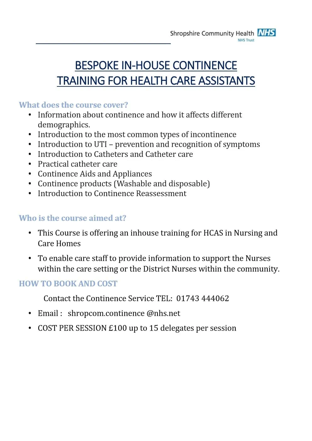 In house continence training for Health Care Assistants 1